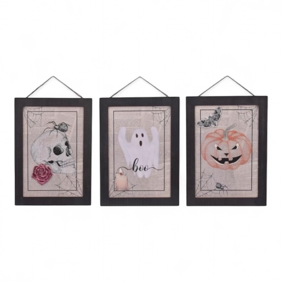 Halloween Newspaper Print Wood Framed Decorations Pumpkin, Skull and Ghost - Picture 1 of 7